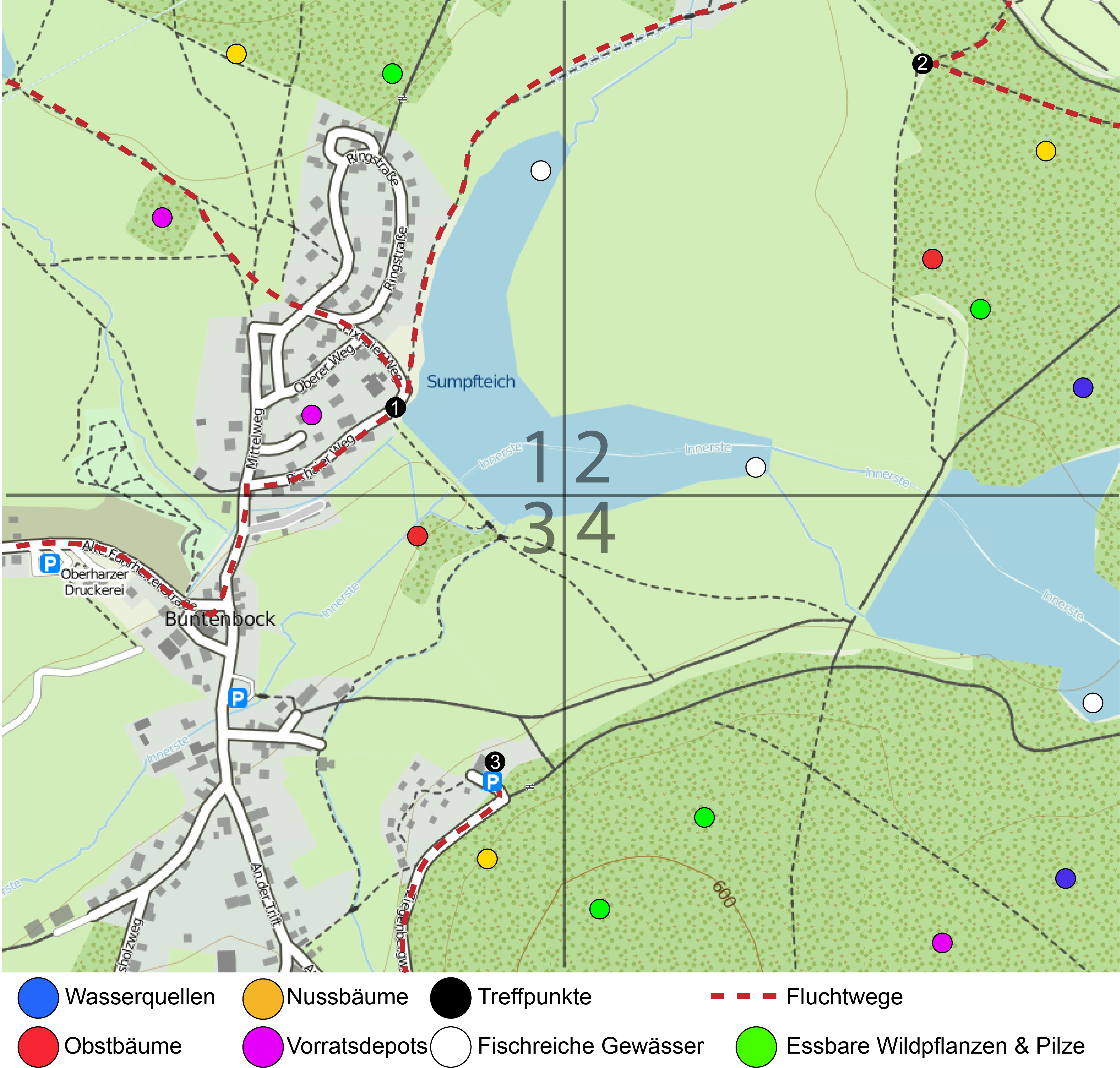 Kartenmaterial Scanne kenne Umgebung orientierung Wasserquellen Ressourcen Legende Depot Lager Gefahren Hindernisse