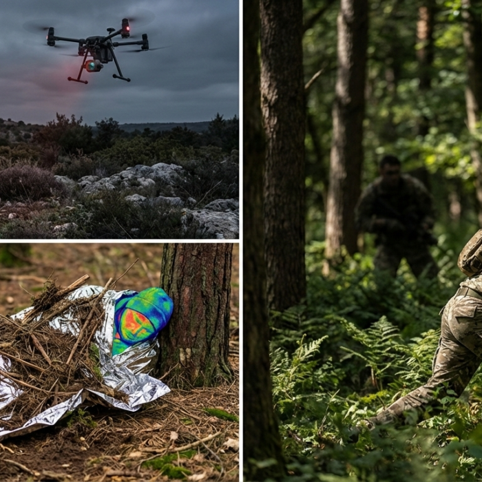 Drohnen-Abwehr, Taktische Bewegung, Thermische Tarnung, Survival Strategien, Wärmebildkamera täuschen, IR-Schutz, Überleben im Gelände, KI-Überwachung, Krisenvorsorge, Prepping, Tarnung gegen Drohnen.
