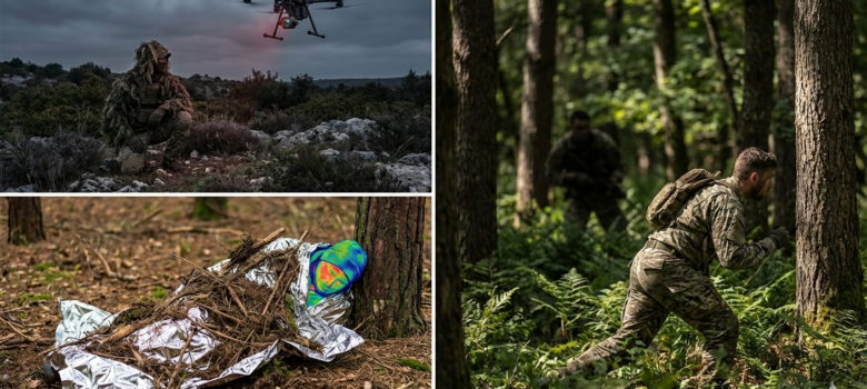 Drohnen-Abwehr, Taktische Bewegung, Thermische Tarnung, Survival Strategien, Wärmebildkamera täuschen, IR-Schutz, Überleben im Gelände, KI-Überwachung, Krisenvorsorge, Prepping, Tarnung gegen Drohnen.