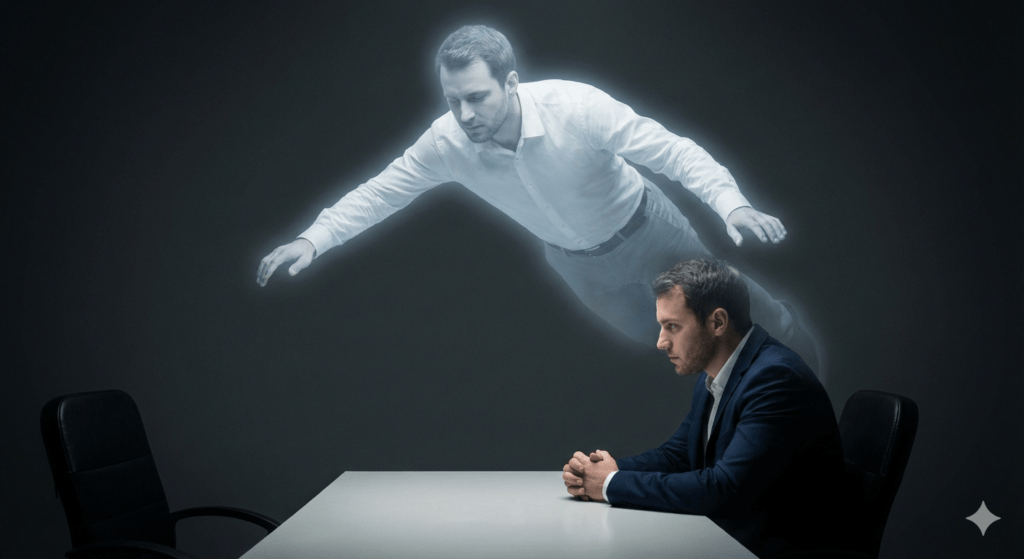 Ein Mann in astraler Projektion über sich selbst schwebend. Dies stellt die Meta Ebene dar, auf die man sich geistig begeben kann, um einen besseren Überblick der Lage zu gewinnen und Manipulationen aufzuspüren.