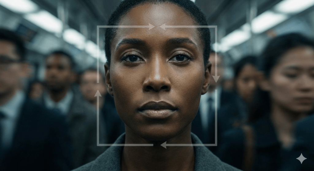 Eine afroamerikanische Frau als Portraitbild, welches biometrisch gescannt wird