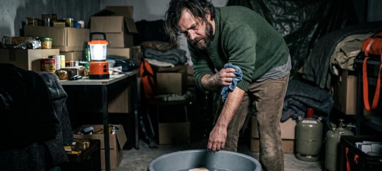 Ein Mann wäscht sich an einer Wasserschüssel in seinem Lager im Wald Krisenvorbereitung Survival Hygiene