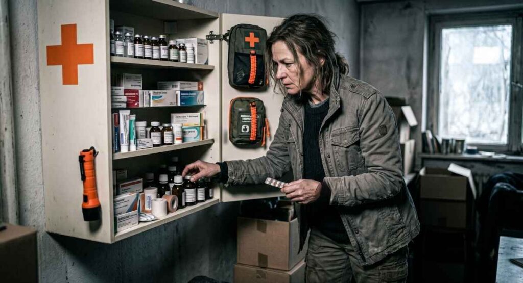 Eine Frau in einer Krisensituation, die ihre medizinischen Vorräte überprüft oder nach einem bestimmten Medikament sucht