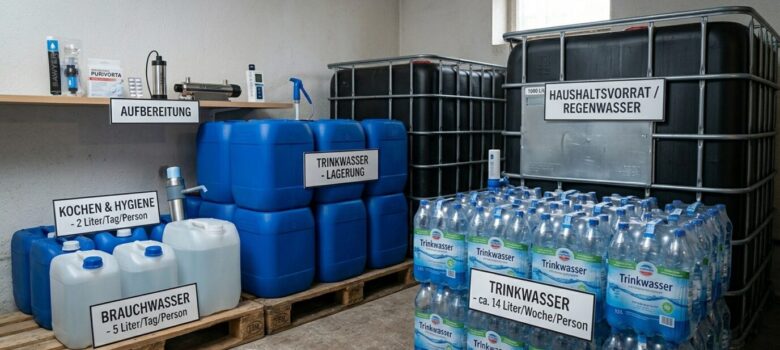 Umfassende Wasservorräte im Lager, Kanister, Wasservorrat Notvorrat Wasser Survival Krisenvorbereitung Prepping Guide Lagerung Ausrüstung Micropur Konservieren Entkeimung