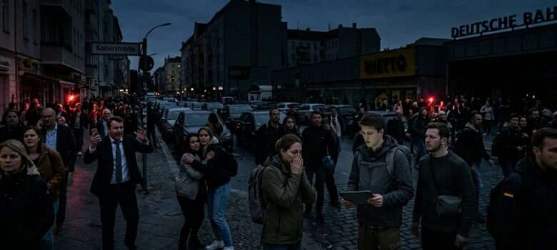 Viele Menschen auf einer belebten Straße, als plötzlich der Strom ausfällt und alles dunkel wird. Einige sind gut vorbereitet, andere wirken panisch und verunsichert.