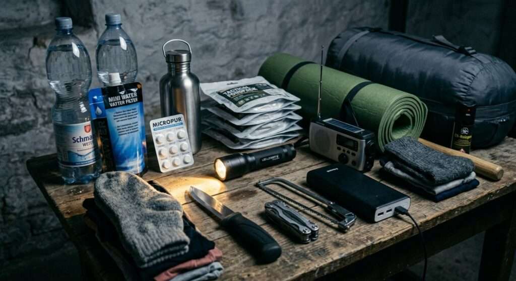 Die Ausrüstung für ein 72 Stunden Notgepäck liegt ausgebreitet auf einem Tisch, darunter Schlafsack, Isomatte, Wasser, Filter, Messer, Säge, Taschenlampe und Nahrungspäckchen