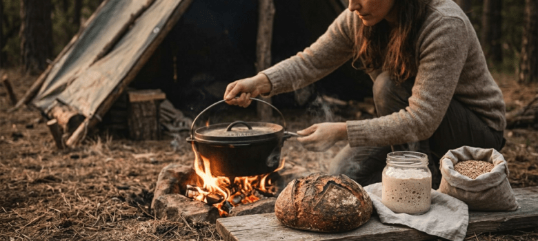 Eine Frau am Lagerfeuer, die einen Gusseisen-Topf über das Feuer hängt. Neben ihr liegen fertige Sauerteigbrote und andere erzeugnisse und Zutaten.