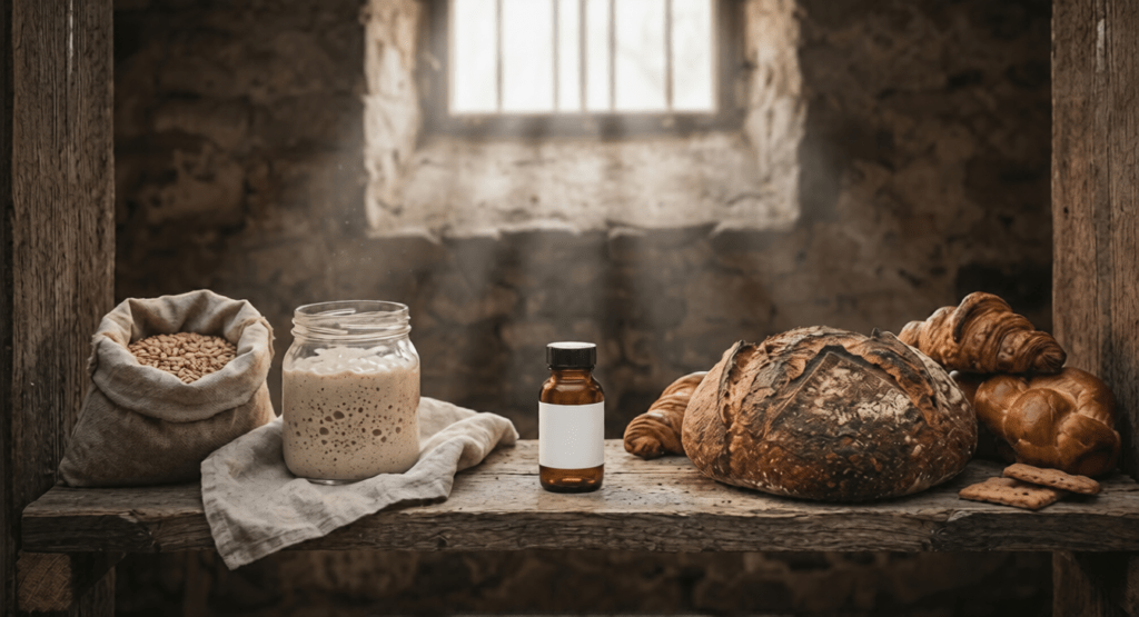 Ein Tisch, auf dem Brote, Mehl und Zutaten für Sauerteig und eine Flasche, in der wahrscheinlich fertiger Sauerteig-Starter enthalten ist.