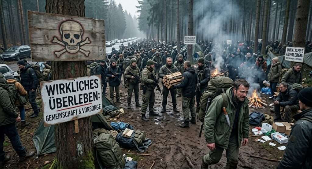 Eine Menschenmenge, die Zuflucht in einem Waldstück vor einer Krisenlage in der Stadt sucht. Einige versuchen anderen zu helfen, die meisten suchen Zuflucht und Schutz.