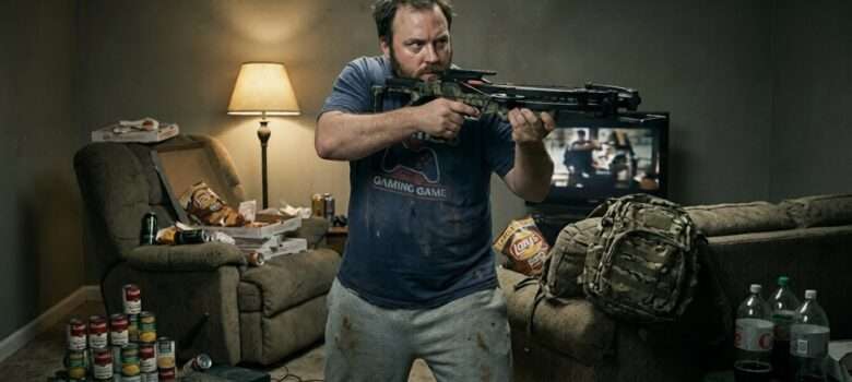 Ein Mann in seinem Wohnzimmer, der eine Armbrust hält und sich vorkommt wie in einem Actionfilm, dabei ist er in Wahrheit ein Couch Potato.