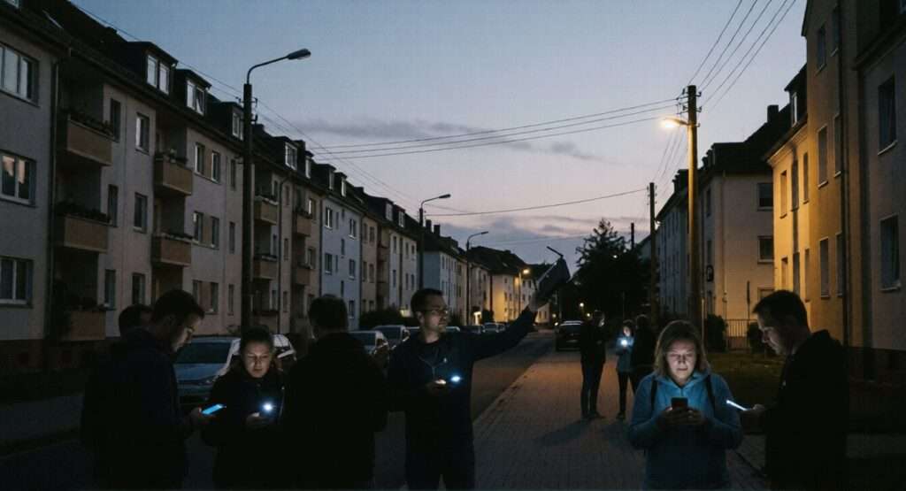 Zu Beginn der Unruhen, kurz nach Auftreten eines Blackouts befinden sich einige Menschen auf der Straße und schwirren umher auf der Suche nach Informationen, Hilfestellung und der Ursache bzw. versuchen, die Lage zu begreifen und sich zu organisieren.