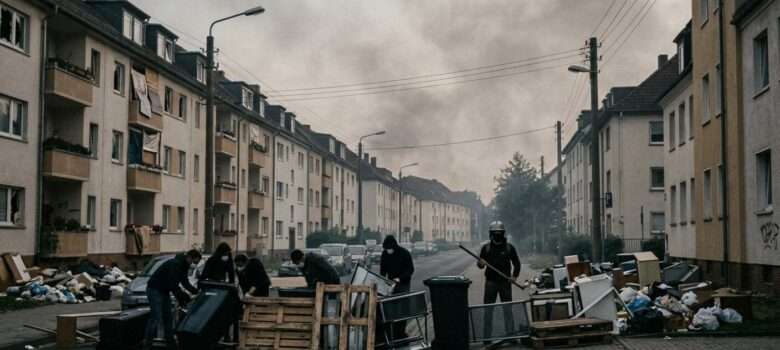 Die Unruhen weiten sich aus und nirgends ist es mehr sicher: Menschen errichten Barrikaden auf Straßen, um ihre Wohnviertel abzugrenzen und richten Wachposten ein. Die Personen im Bild sind mit Sicherheitsausrüstung und Helmen, sowie der Bereitschaft sich zu verteidigen auf das Schlimmste vorbereitet.