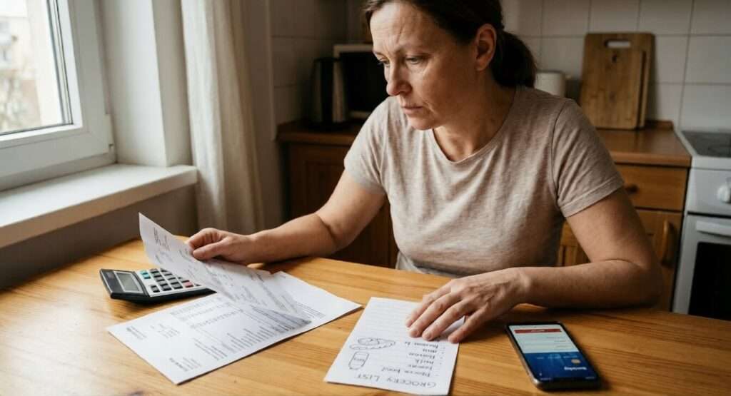 Eine besorgte Frau kalkuliert ihre Einnahmen und Ausgaben und bemerkt die finanziellen Auswirkungen modernen Krieges auf ihren Haushalt nur zu deutlich.