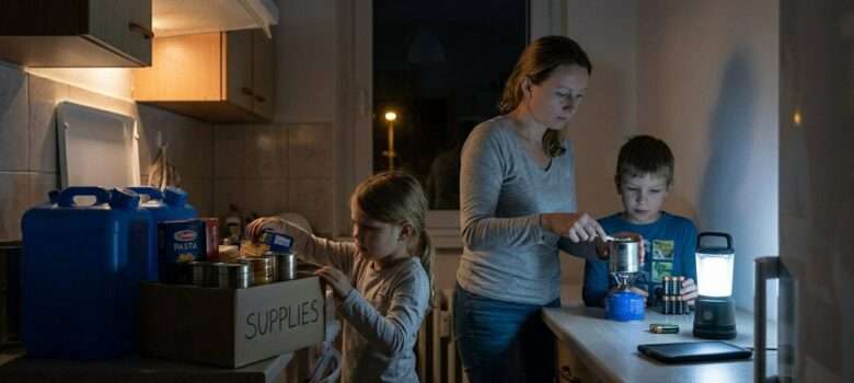 Eine Mutter mit ihren beiden Kindern beim Kochen während eines Stromausfalls. Sie sind gut vorbereitet und haben alles Zuhause, was sie jetzt brauchen, um sich bis auf Weiteres selbst zu versorgen.