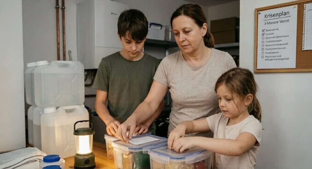 Eine Mutter und ihre zwei Kinder bereiten sich systematisch vor und legen Lebensmittelvorräte, Wasservorräte, Hygieneartikel, Medizinisches Equipment und Medikamente, sowie autarke Energieversorgungsmöglichkeiten an.