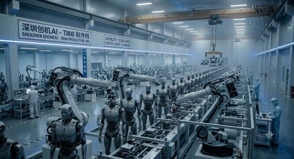 Dieses Bild zeigt die Massenproduktion von Robotern im Minutentakt wie es bereits aktuell der Fall ist und skizziert damit die Ausmaße der Robotik und Hochtechnologie wie sie viele Menschen nicht einmal zu träumen wagen.