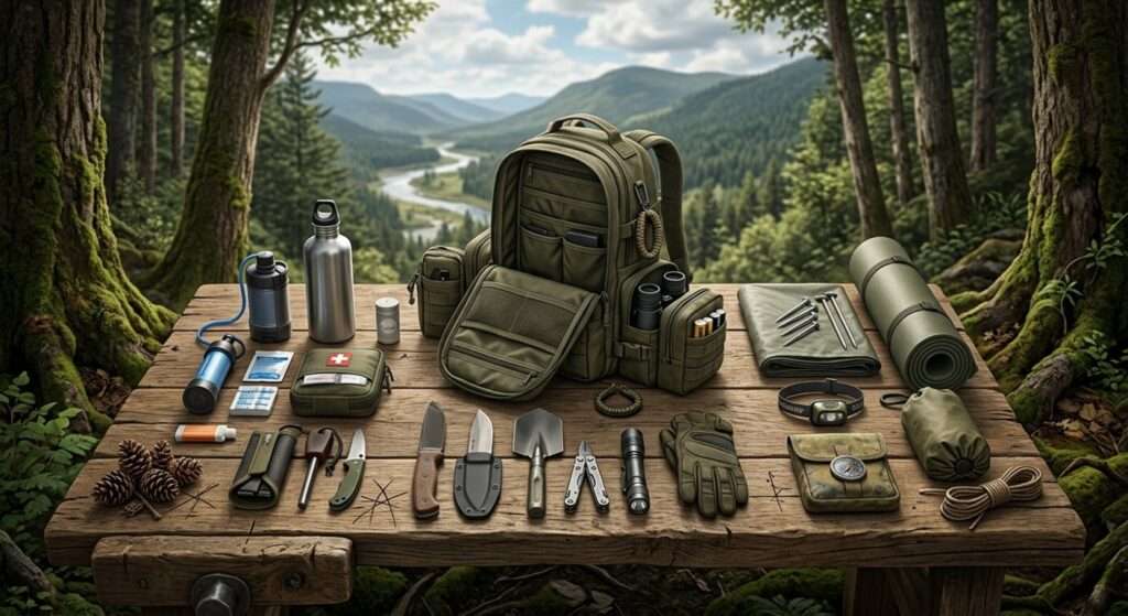 Ein ausgepackter Fluchtrucksack für 72 Stunden. Die Ausrüstungsgegenstände liegen auf einem Tisch verteilt und im Hintergrund ist eine Flusslandschaft und Gebirge zu sehen.