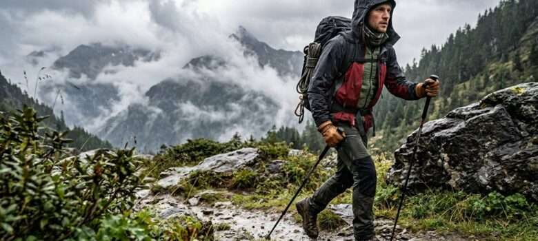 Ein Wanderer auf Tour in der Wildnis mit entsprechend taktisch ausgewählter Bekleidung für den individuellen Einsatz. Mehrere Kleidungsschichten, taktisch ausgewählte Materialien und Funktionen, sowie Robustheit und Bequemlichkeit.