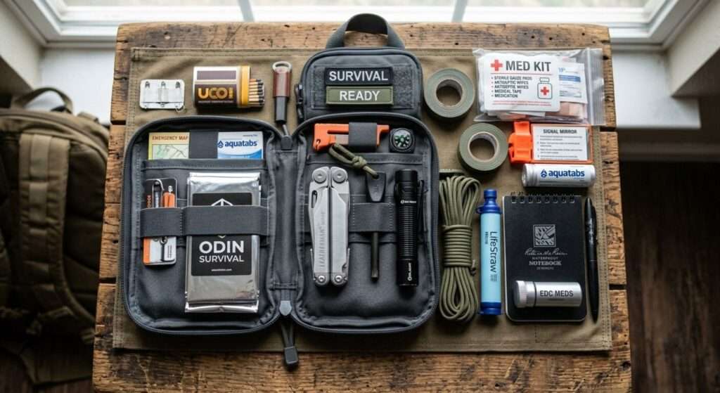 Ein etwas umfangreicheres EDC Survival Kit, ideal für die Mitnahme im Auto, oder am Fahrrad, für unterwegs seitlich am Rucksack oder auch am Gürtel getragen eine Allround Lösung.