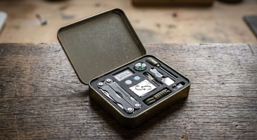 Ein sehr kompaktes EDC Survival Kit in einer Metalldose. Der Behälter ist ausgekleidet mit einem Quader aus Schaumstoff, sodass sich Öffnungen für die einzelnen Ausrüstungsgegenstände hineinschneiden ließen. Passgenau und funktional kann so der Platz in der Dose genutzt und auffälliges und nerviges Klappern der Utensilien innerhalb der Dose vermieden werden, Es sind ein Multitool, ein Kompass, und einzelne weitere Hilfsmittel zu sehen.