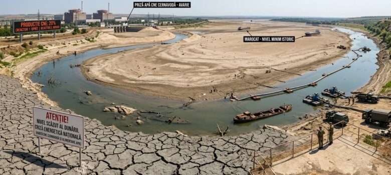Eine Flussbiegung entlang des Atomkraftwerks Cernavoda in Rumänien. Deutlich zu erkennen ist der niedrige Wasserpegel der Donau aufgrund der langanhaltenden Trockenheit bzw. historischen Dürre.