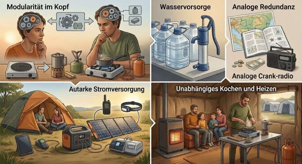 Die wichtigsten Aspekte zur Erlangung von Unabhängigkeit hinsichtlich möglicher Energiekrisen und ihren Auswirkungen in einem mehrteiligen Bild illustriert. Mindset, Wasserversorgung, Energieversorgung, Vorräte und Unabhängigkeit