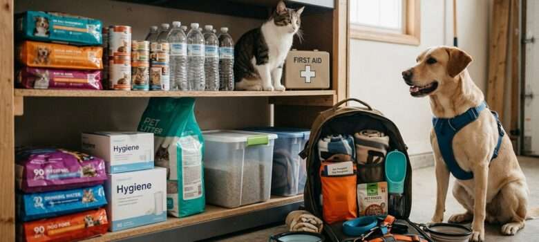 Ein Regal in welchem ein Nahrungs, Wasser und Ausrüstungsvorrat für Haustiere zu sehen sind. Außerdem sitzt im Regal eine Katze. Ihr Gegenüber sitzt ein Hund vor einem aufgeklappten Notgepäck für 72 h.