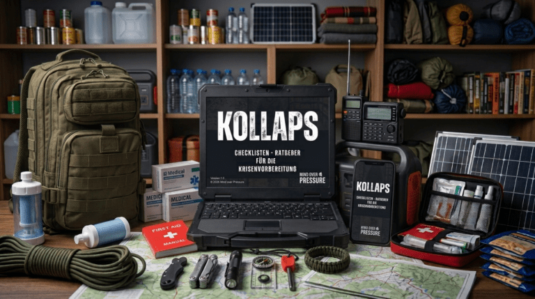 Kollaps - der Checklisten Ratgeber für die Krisenvorbereitung auf den Displays zweier Mobilgeräte (einem Laptop und einem Handy), umringt von diverser Ausrüstung zur effektiven Notfallvorsorge und Autarkie in Krisenzeiten