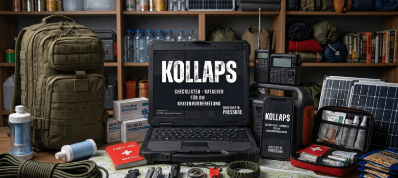 Kollaps - der Checklisten Ratgeber für die Krisenvorbereitung auf den Displays zweier Mobilgeräte (einem Laptop und einem Handy), umringt von diverser Ausrüstung zur effektiven Notfallvorsorge und Autarkie in Krisenzeiten