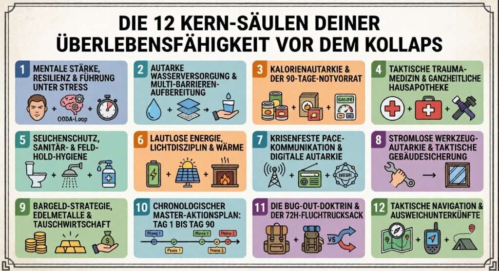 Die 12 Eckpfeiler einer ganzheitlichen Krisenvorbereitung übersichtlich in einer Infografik dargestellt. Dinge wie Wasserversorgung, Nahrungsautarkie, Stromversorgung, Ausrüstung, Bug-In und Bug-Out sind Pflichtpunkte, wenn man wirklich vorbereitet sein will.