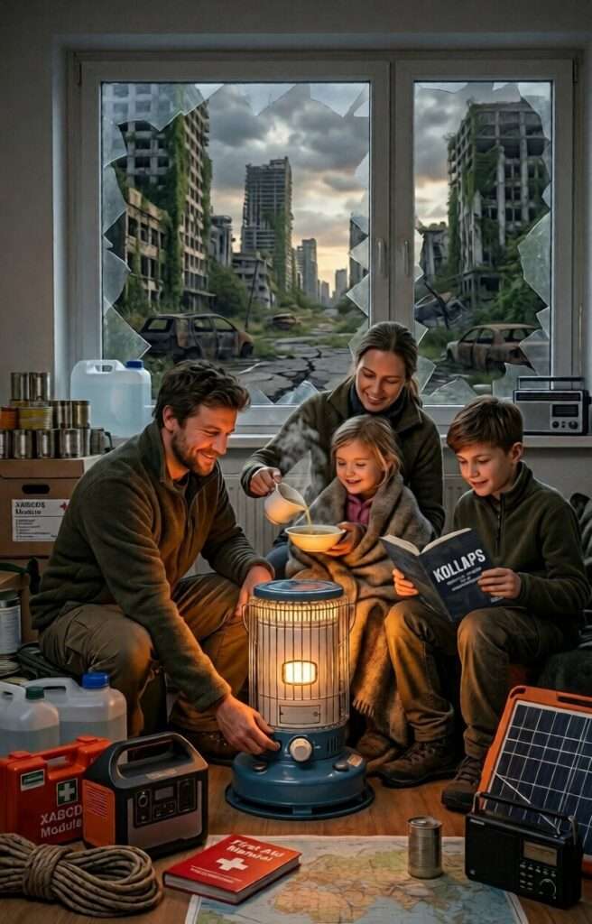 Eine Familie, die den Ratgeber durchgearbeitet und sich nach den Empfehlungen von "Kollaps - Checklisten-Ratgeber für die Krisenvorbereitung" vorbereitet hat. Obgleich die Szene im Hintergrund verwildert und apokalyptisch wirkt, scheint die Familie glücklich, gesund und halbweggs zufrieden. Sie sitzen zusammen an einem Petroleum-Ofen und wärmen sich, während alle einen ausgelassenen Ausdruck haben und gut gelaunt zu sein scheinen.