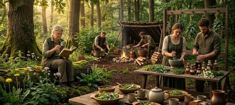 Vegan Survival Pflanzenkunde: Eine Gruppe von Menschen in der Wildnis beim analysieren, verwerten und anwenden der Survival Pflanzenkunde.