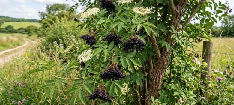 Der schwarze Holunder in natürlicher Umgebung. Die schwarzen Beeren liefern reichlich Kalorien und sekundäre Pflanzenstoffe und sind heilsam bei leichten Infektionen, Fieber und Atemwegserkrankungen.
