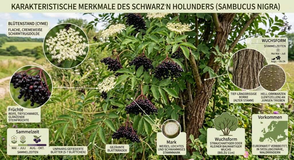 Die Identifikationsmerkmale des schwarzen Holunders anhand natürlichen Auftretens veranschaulicht.