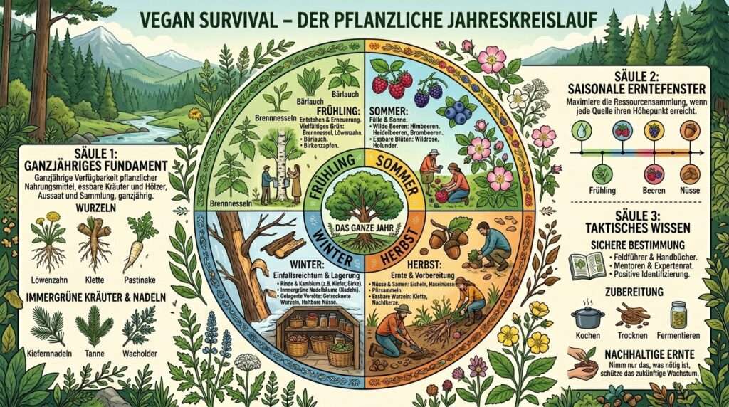 Eine zusammenfassende Infografik, die den Jahreszyklus der Pflanzenwelt illustriert und aufzeigt, wann welche Vorteile der Pflanzenwelt es gibt oder jahreszeitliche Schwankungen für Extremsituationen relevant sind.