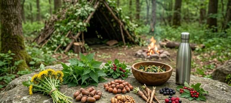 Ein Survival Shelter bzw. eine Notunterkunft aus Waldmaterialien steht im Hintergrund inmitten eines Waldes. Im Vordergrund liegen verschiedene essbare Pflanzen und eine Schüssel sowie eine Edelstahlflasche bereit.