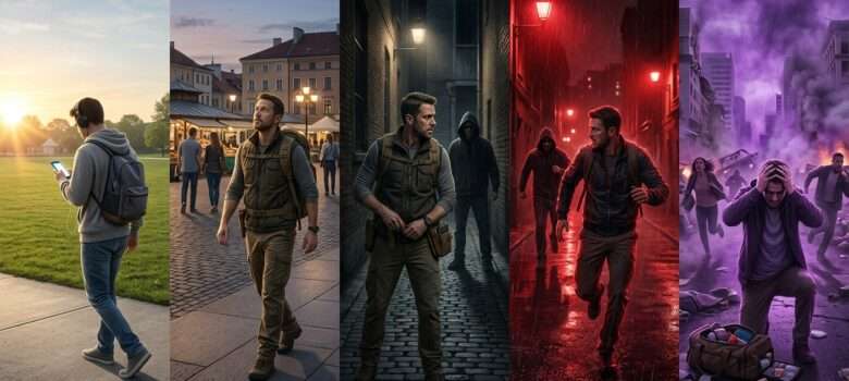 Der Cooper Color Code in einem fünfteiligen Bild gezeigt. Stufe weiß, zeigt den Alltagszustand der meisten Menschen, arglos, unachtsam, kein Gefahrenbewusstsein. Stufe 2 (gelb) nicht angespannt, aber jederzeit bereit, aufmerksam. Stufe 3 (orange), erhöhte Wachsamkeit, mögliche Gefahrenquellen identifiziert, mental und körperlich bereit. Stufe 4 (rot) handlungszwang, sofortige Aktion, Gefahr ist erkannt und präsent, hohe Konzentration, Aufmerksamkeit. Stufe 5 (lila) Kontrollverlust, psychischer Ausnahmezustand, klares Denken und Handeln nahezu unmöglich. Den letzten Zustand gilt es durch Training und Vorbereitung möglichst zu vermeiden.