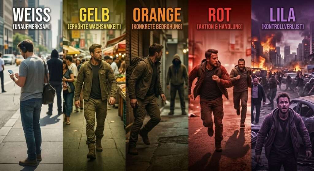 Der Cooper Color Code in einem fünfteiligen Bild gezeigt. Stufe weiß, zeigt den Alltagszustand der meisten Menschen, arglos, unachtsam, kein Gefahrenbewusstsein. Stufe 2 (gelb) nicht angespannt, aber jederzeit bereit, aufmerksam. Stufe 3 (orange), erhöhte Wachsamkeit, mögliche Gefahrenquellen identifiziert, mental und körperlich bereit. Stufe 4 (rot) handlungszwang, sofortige Aktion, Gefahr ist erkannt und präsent, hohe Konzentration, Aufmerksamkeit. Stufe 5 (lila) Kontrollverlust, psychischer Ausnahmezustand, klares Denken und Handeln nahezu unmöglich. Den letzten Zustand gilt es durch Training und Vorbereitung möglichst zu vermeiden.