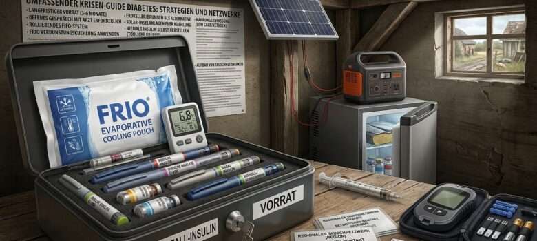 Eine Box gefüllt mit Insulin und Ausrüstung für Diabetiker auf einem Tisch. Im Hintergrund ist ein Notfallprotokoll und Handlungsplan für Diabetiker an der Wand zu sehen. Auch ein Kühlschrank steht in der Ecke des Raumes, der über eine Solar-Powerstation autark mit Strom zur Kühlung des Insulins versorgt wird.