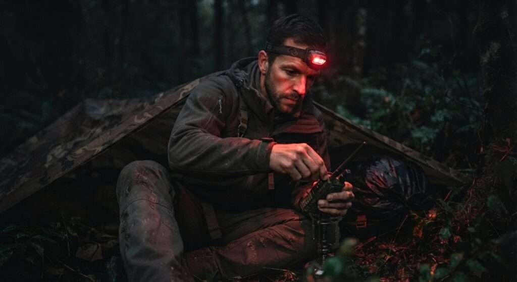 Ein Mann mit einer Rotlicht-Stirnlampe an seinem Lagerplatz. Sein naturfarbenes Tarp-Zelt ist flach am Boden aufgespannt, sodass es gerade zum Liegen ausreichend ist und unauffällig mit der dichten Vegetation des Waldbodens harmoniert. Er stellt etwas an seinem Funkgerät ein.
