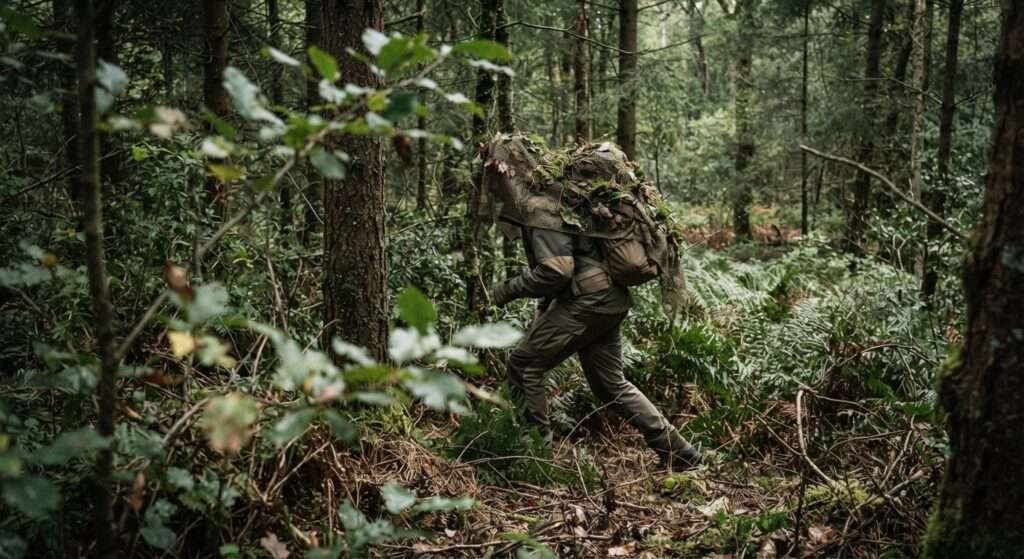 Ein Mann im Unterholz mit schwerer Ausrüstung. er ist als Greyman unterwegs, relativ unauffällig und solange er sich so durch den Wald bewegt, hat er sich eine modulare Tarnung aus Naturmaterialien übergeworfen, um seine Konturen zu kaschieren.