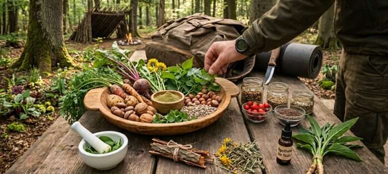 Ein Mann sortiert verschiedene gesammelte Pflanzen nach verschiedenen Nährwerten und Heileigenschaften auf einem Tisch in seinem Waldlager.