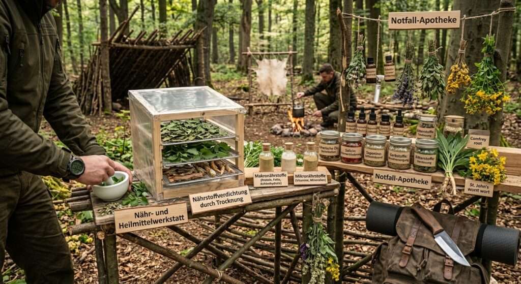 In einem Waldlager stellen zwei Männer unterschiedliche Dinge her. Im Vordergrund steht ein Mann neben zwei Tischen auf denen verschiedene Heil und Nahrungsmittel aufgestellt und darüber aufgehängt sind. Auch ein Dörrgerät zum Trocknen von Pflanzenmaterial ist zu sehen. Im Hintergrund sitzt ein Mann am Feuer und bereitet das Essen.
