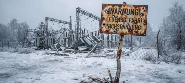 Ein Warnschild mit der Aufschrift "Warnung Hochspannung Lebensgefahr" steht verbeult und voller Einschusslöcher in einer verschneiten Landschaft. Dahinter ist ein vor längerer Zeit vernichtetes Umspannwerk zu sehen, dessen Zerstörung den Blackout eingeläutete.
