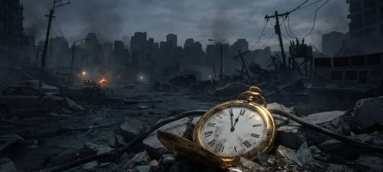 Eine dystopische Szene am Rande einer verwüsteten Stadt. Es ist düster und eine goldene Taschenuhr liegt im Staub und zeigt die Uhrzeit 5 Minuten vor 12