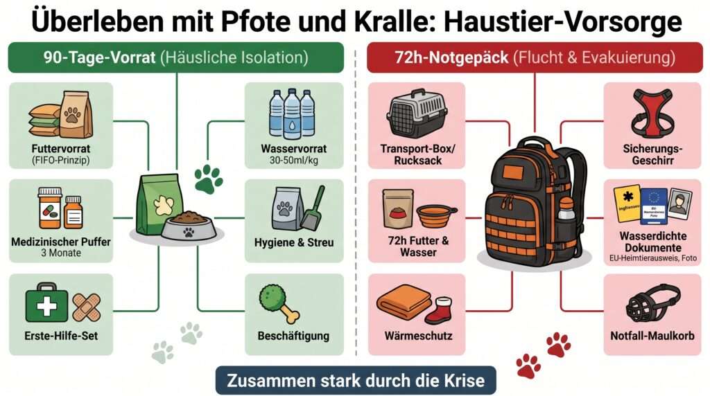 Eine Übersicht, die die wichtigsten Punkte der Krisenvorsorge für Haustiere illustriert: Links sind die Aspekte für Bevorratung über mind. 90 Tage aufgezählt: Genug Futter, Wasser, Hygiene etc. und rechts die empfohlene Ausrüstung für ein 72 Stunden Notgepäck für dein Haustier.